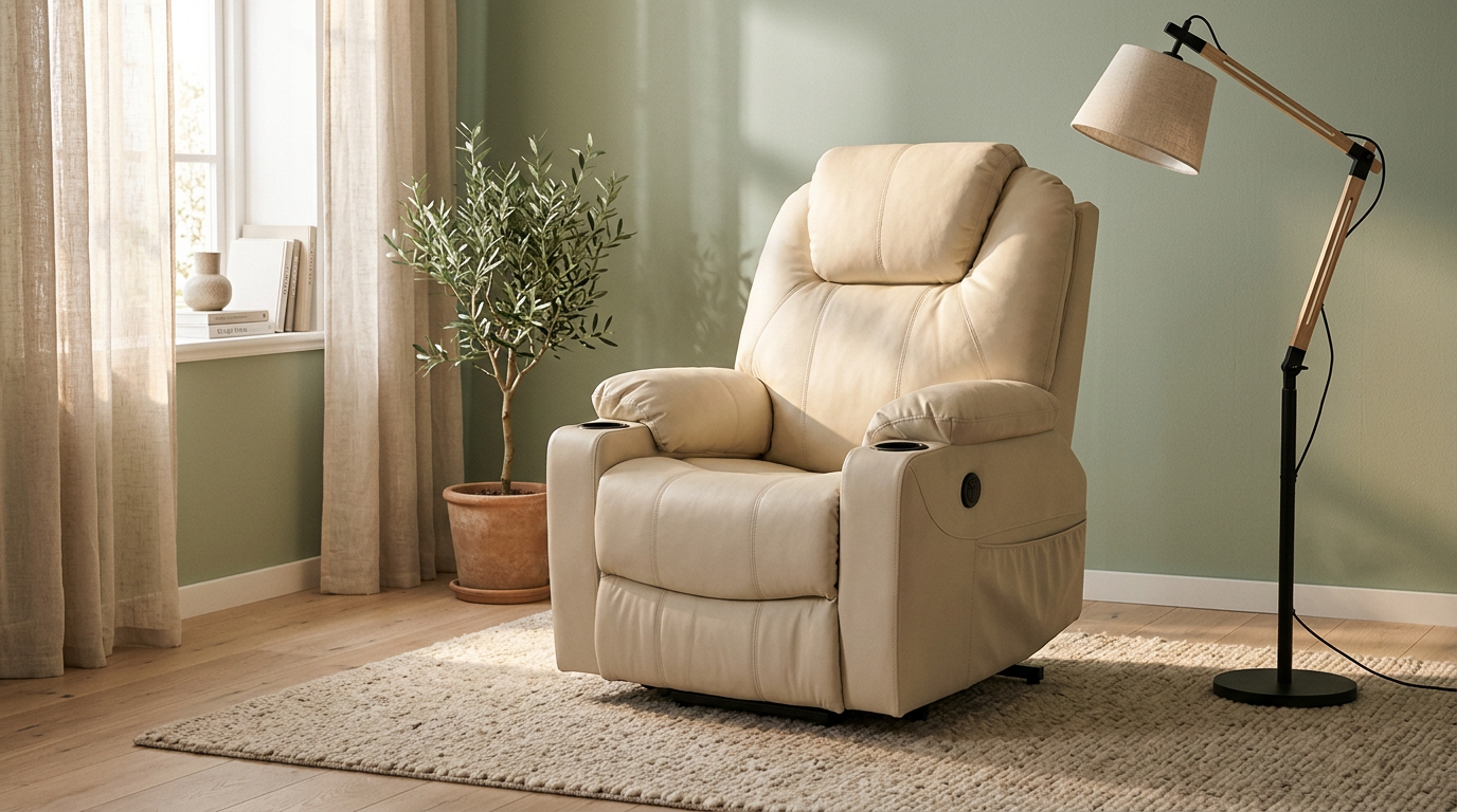 MCombo 7040 crème-witte relaxfauteuil met opstahulp in warme woonkamer