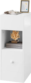Nachtkastje smal, met 2 open planken, 1 lade, smal, klein nachtkastje in de slaapkamer, 25 x 66 x 30 cm, ruimtebesparend, van houtmateriaal, wit