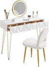 Make-uptafel met ledverlichting in 3 lichtkleuren, gestoffeerde fluwelen stoel, make-uptafel met 2 laden van massief hout, met 3D-effect, 360 graden draaibare spiegel, wit + goud,