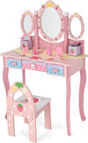 Kaptafel voor kinderen met drievoudige spiegel, kinder kaptafel en stoel met 3 lades, 2 opbergdozen, meisjes make-up tafel met krukje voor kinderen (Roze)