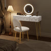 Make-uptafel met ledverlichting in 3 lichtkleuren, gestoffeerde fluwelen stoel, make-uptafel met 2 laden van massief hout, met 3D-effect, 360 graden draaibare spiegel, wit + goud,