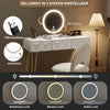 Make-uptafel met ledverlichting in 3 lichtkleuren, gestoffeerde fluwelen stoel, make-uptafel met 2 laden van massief hout, met 3D-effect, 360 graden draaibare spiegel, wit + goud,